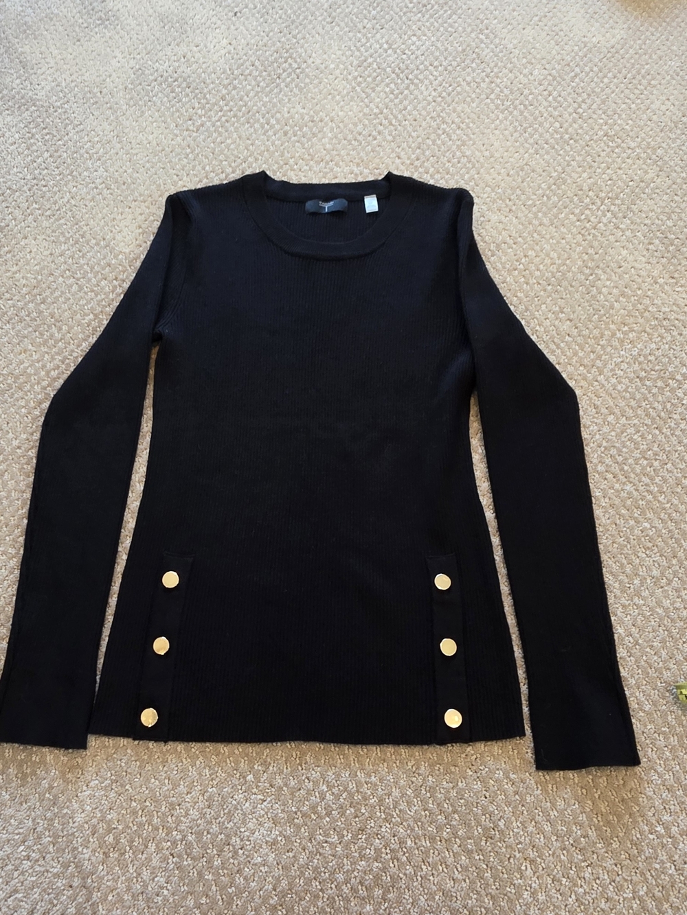 T Tahari Black Crewneck Sweater with Gold Button Accents